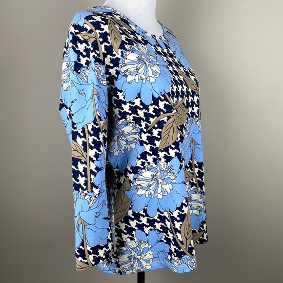 J. Mclaughlin Catalina Cloth‎ Top Womens Large Blue Floral Blouse 3/4 Sleeve Tee - Picture 4 of 13